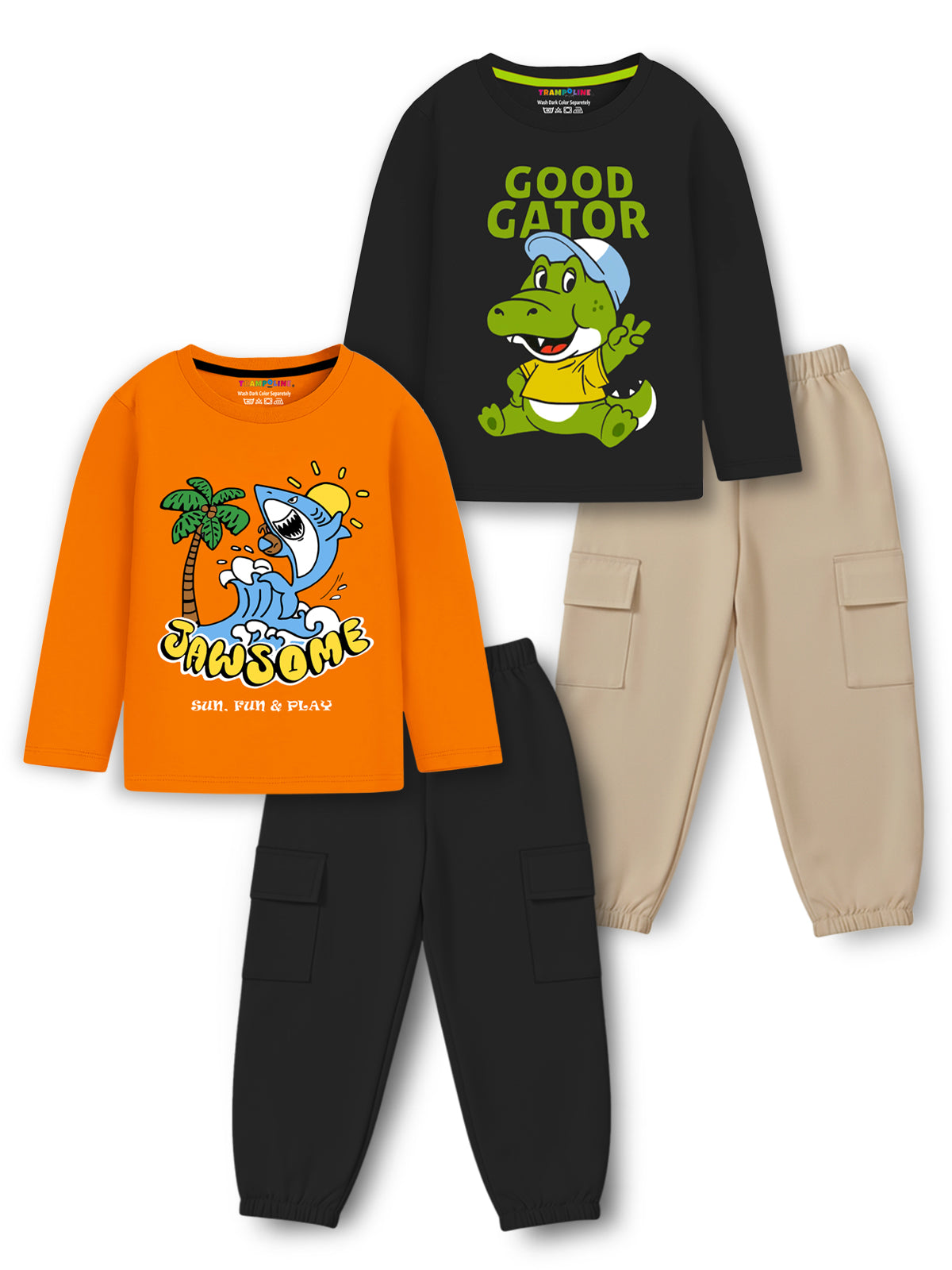 Trampoline Cotton Blend Knit Pack Of 2 Full Sleeves Animal Printed Tees & Track Pants Set - Multi Colour