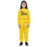 Trampoline Cotton Blend Knit Full Sleeves Be Happy Text Printed Crop Top & Coordinating Joggers Set - Yellow