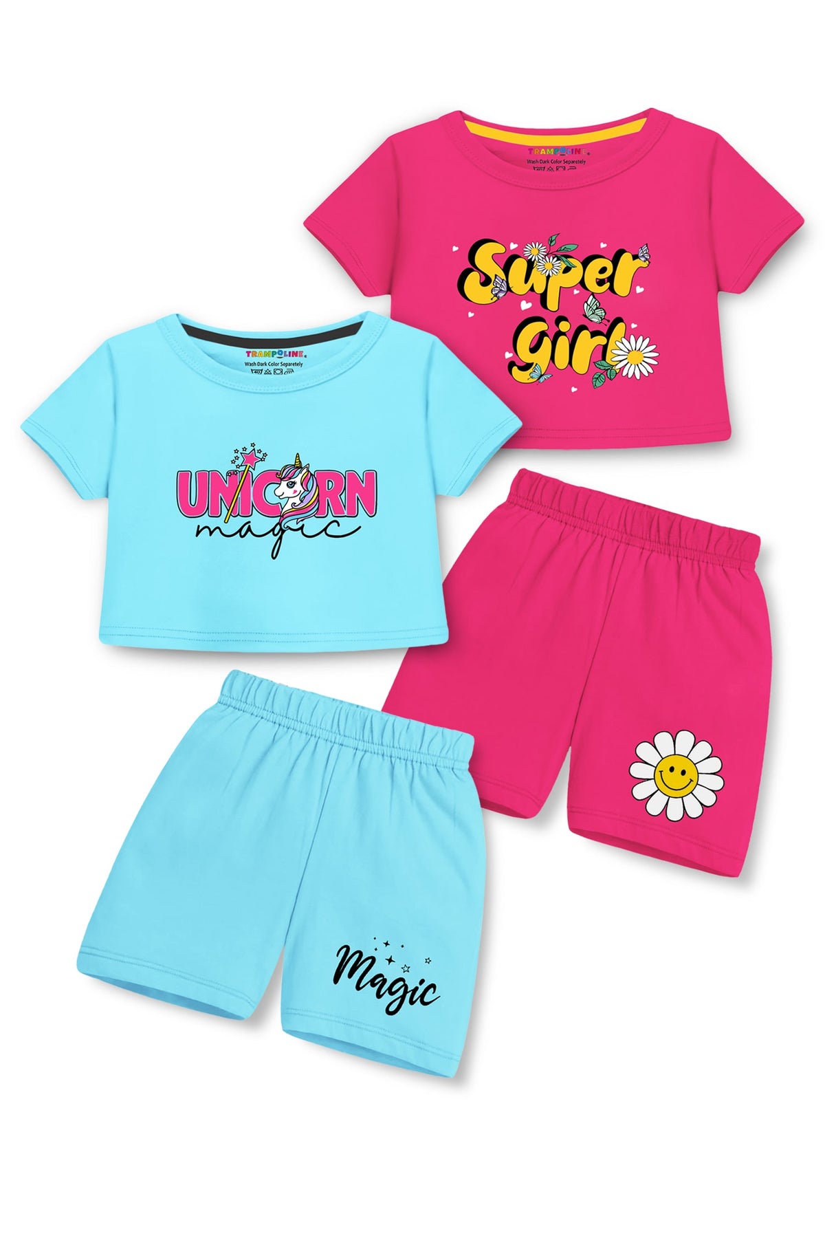 Trampoline Cotton Blend Pack Of 2 Half Sleeves Unicorn & Super Girl Printed Crop Top & Shorts Set - Multi Colour