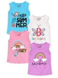 Trampoline Cotton Blend Pack Of 4 Sleeveless Rainbow & Butterfly Printed T-Shirts- Multi Colour