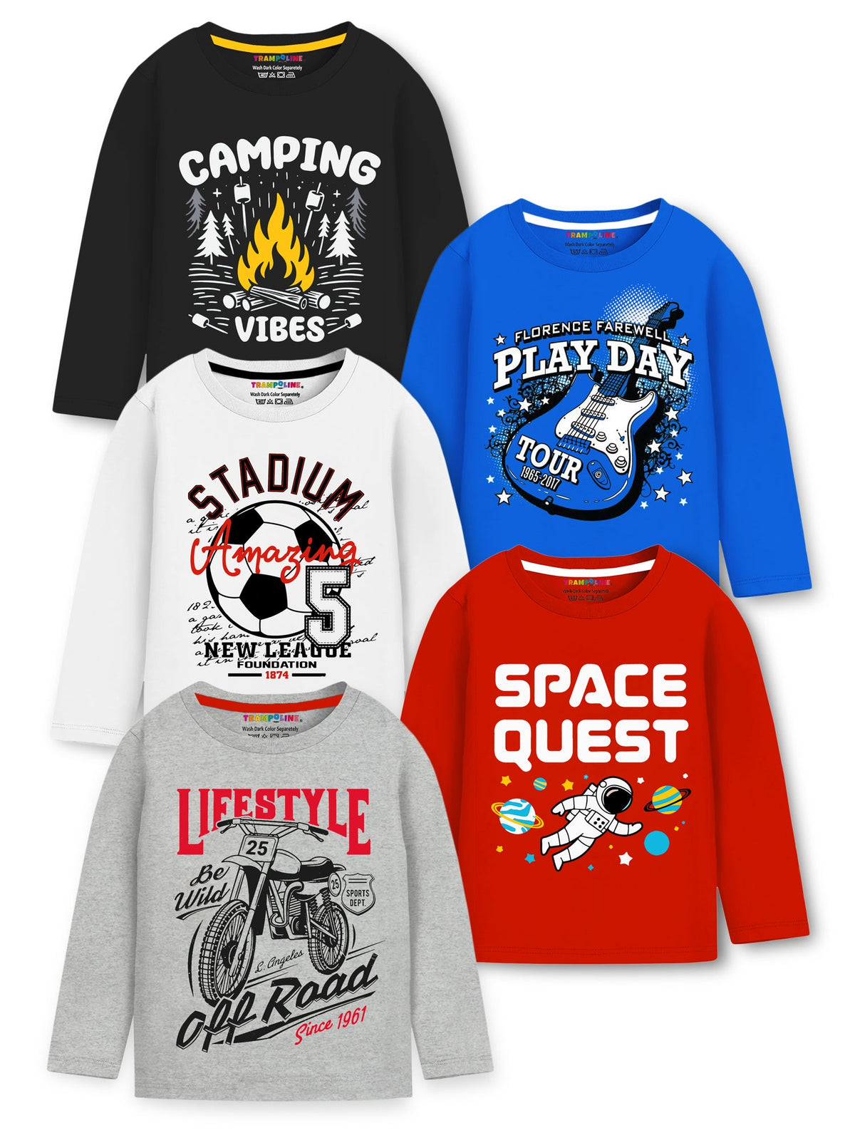 Trampoline Cotton Blend Knit Pack Of 5 Full Sleeves Typography Printed Tees - Multi Colour