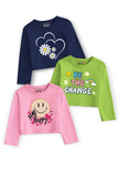 Trampoline Cotton Blend Pack Of 3 Full Sleeves Smile Face & Heart Printed Crop Tops - Multi Colour