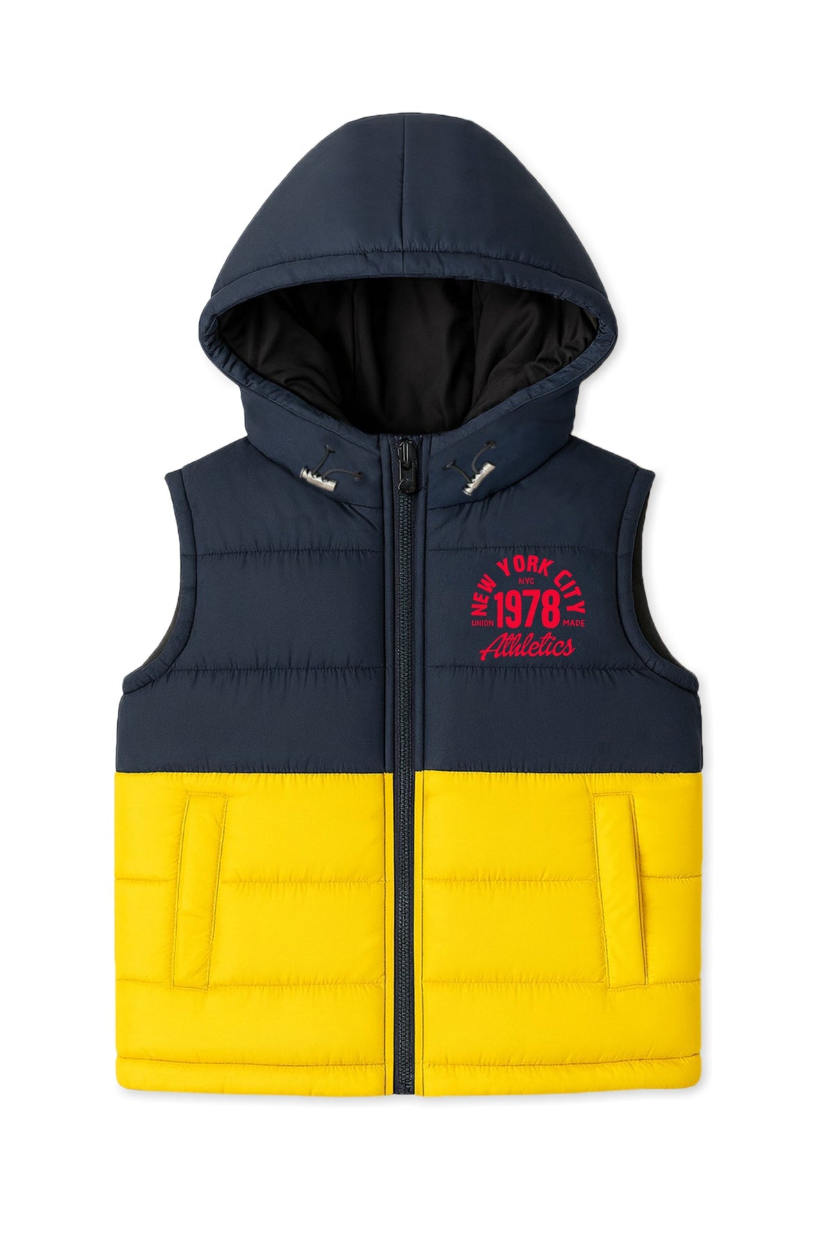Trampoline Knit Full Sleeves Colorblock Puffer Winter Jacket With 2 Front Pockets - Blue & Yellow