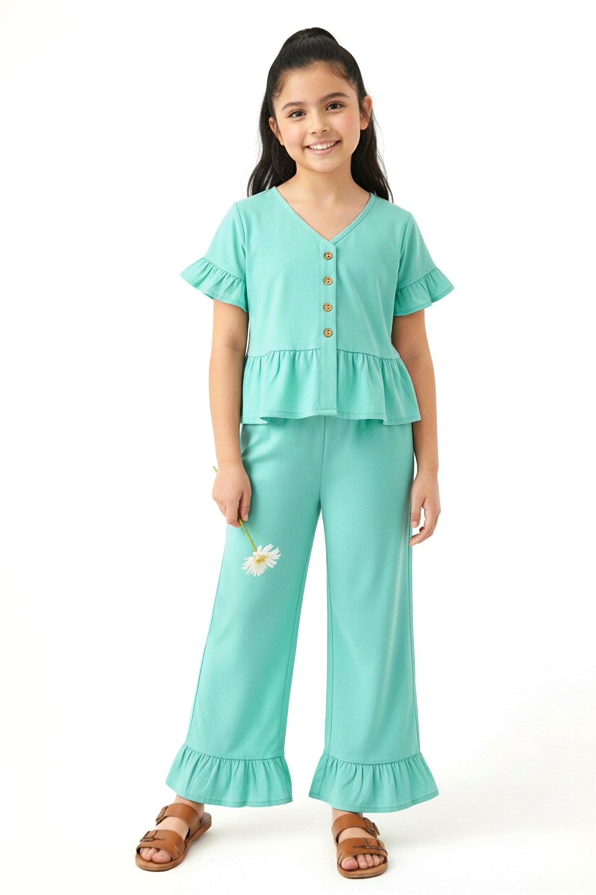 Trampoline Cotton Knit Half Sleeves Crop Top With Trousers Set - Sky Blue