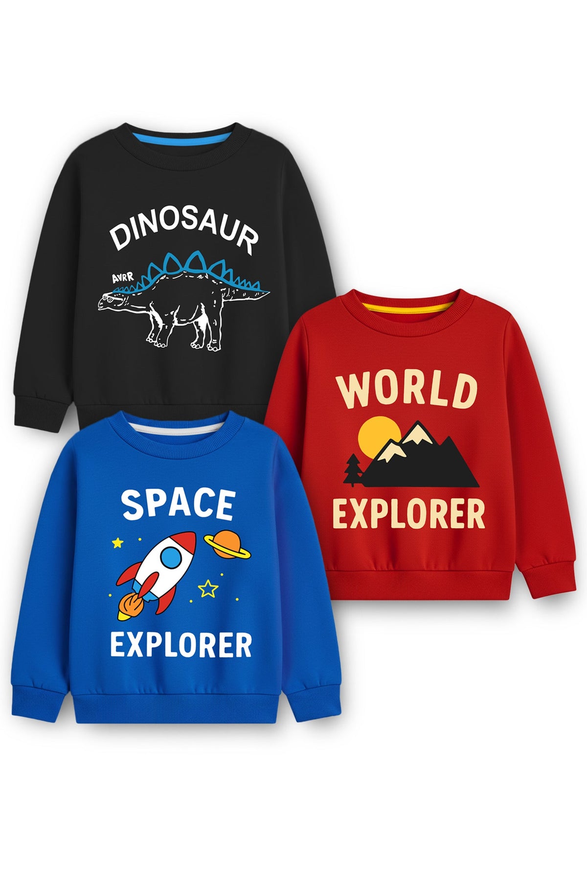Trampoline Fleece Knit Pack Of 3 Full Sleeves Space Theme & Dinosaur Printed Winter Sweatshirt - Multi Colour