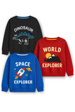 Trampoline Fleece Knit Pack Of 3 Full Sleeves Space Theme & Dinosaur Printed Winter Sweatshirt - Multi Colour