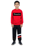 Trampoline Cotton Blend Knit Full Sleeves Colour Blocked Trampoline Text Printed Tee With Jogger Set - Red & Black