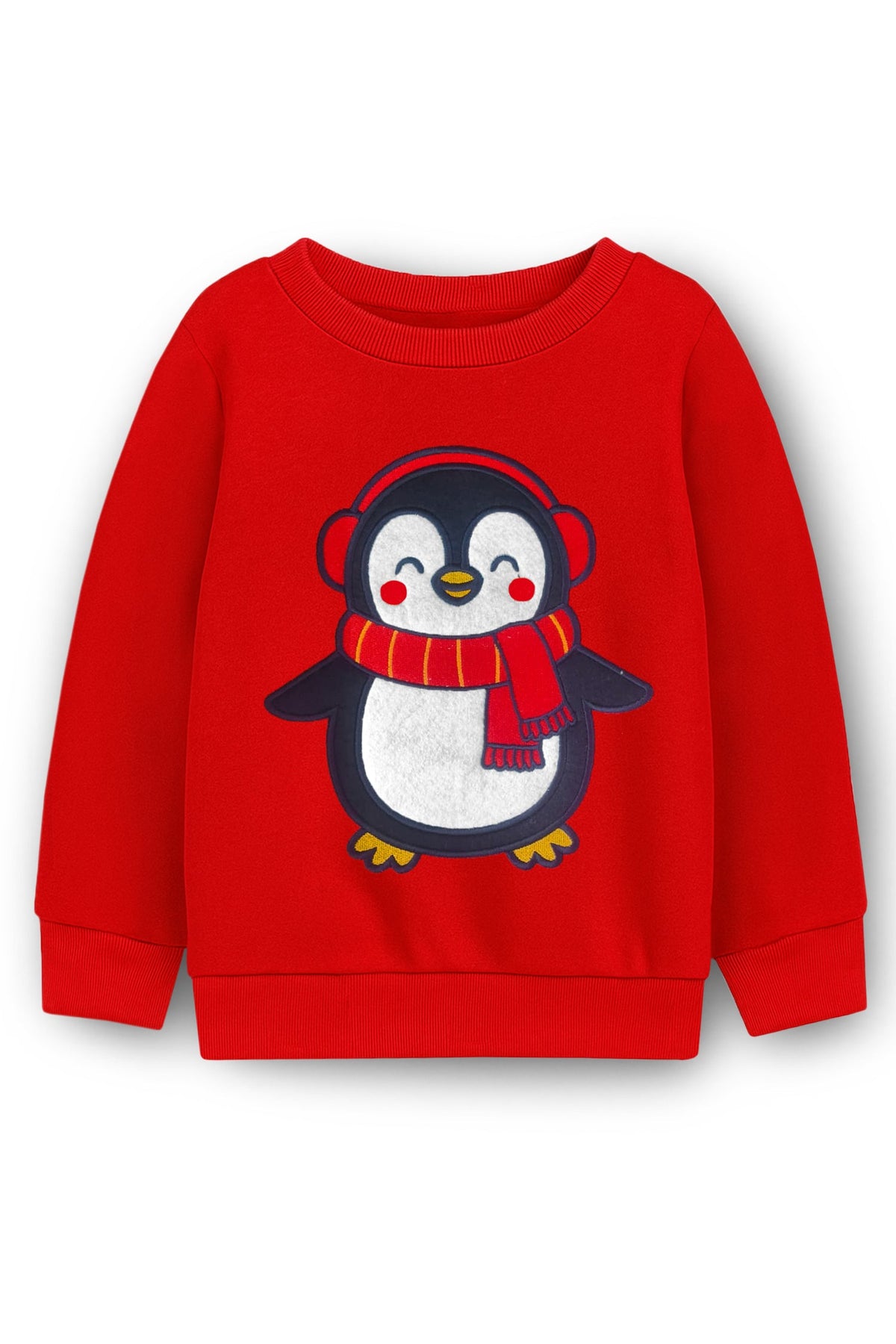Trampoline Fleece Full Sleeves Penguin Patch Embroidered Sweatshirt - Red