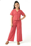 Trampoline Cotton Knit Schiffli Top with Trousers Clothing Set - Coral Pink
