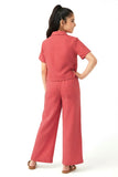 Trampoline Cotton Knit Schiffli Top with Trousers Clothing Set - Coral Pink