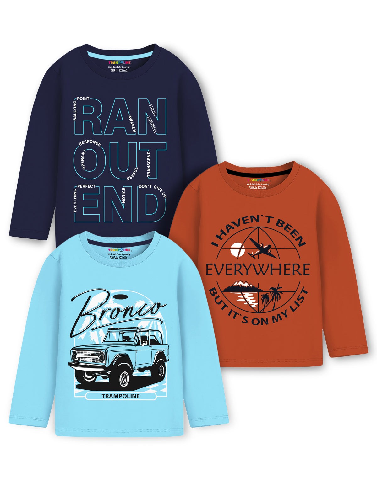Trampoline Cotton Blend Knit Pack Of 3 Full Sleeves Text Printed Tees - Multi Colour