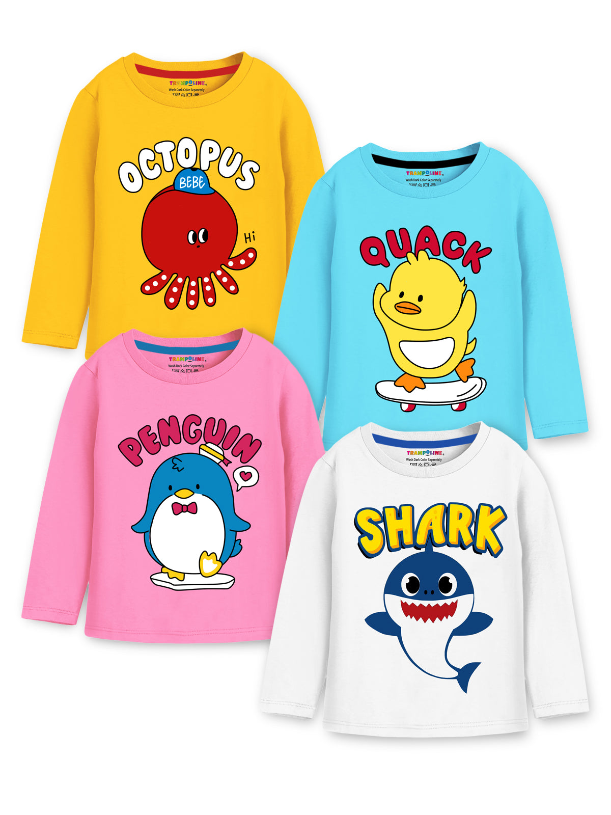 Trampoline Cotton Blend Knit Pack Of 4 Full Sleeves Shark & Penguin Printed Tees - Multi Colour