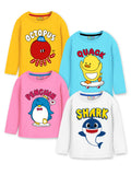 Trampoline Cotton Blend Knit Pack Of 4 Full Sleeves Shark & Penguin Printed Tees - Multi Colour