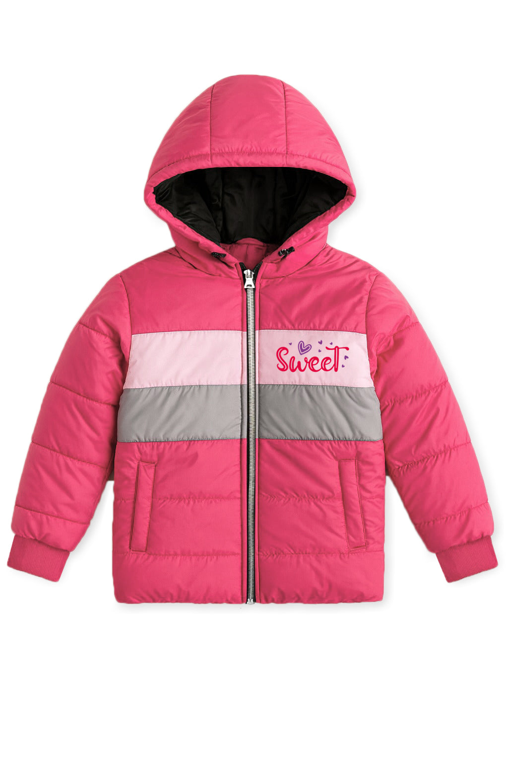 Trampoline Knit Full Sleeves Colorblock Puffer Winter Jacket With 2 Front Pockets - Pink & Grey