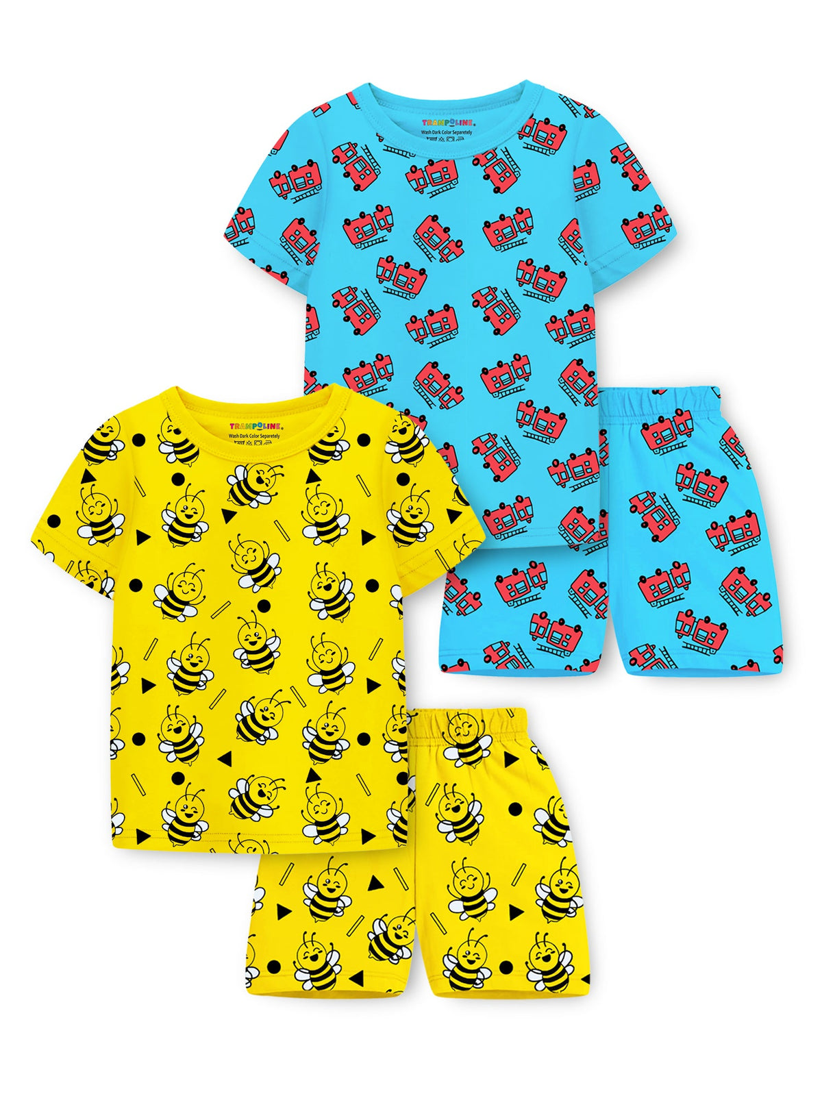 Trampoline Cotton Blend Knit Pack of 2 Half Sleeves Fire Truck & Bee Printed T-shirt & Shorts Set - Yellow & Blue