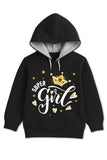 Trampoline Fleece Knit Full Sleeves Super Girls Text Printed Winter Hooded Sweatshirt - Black