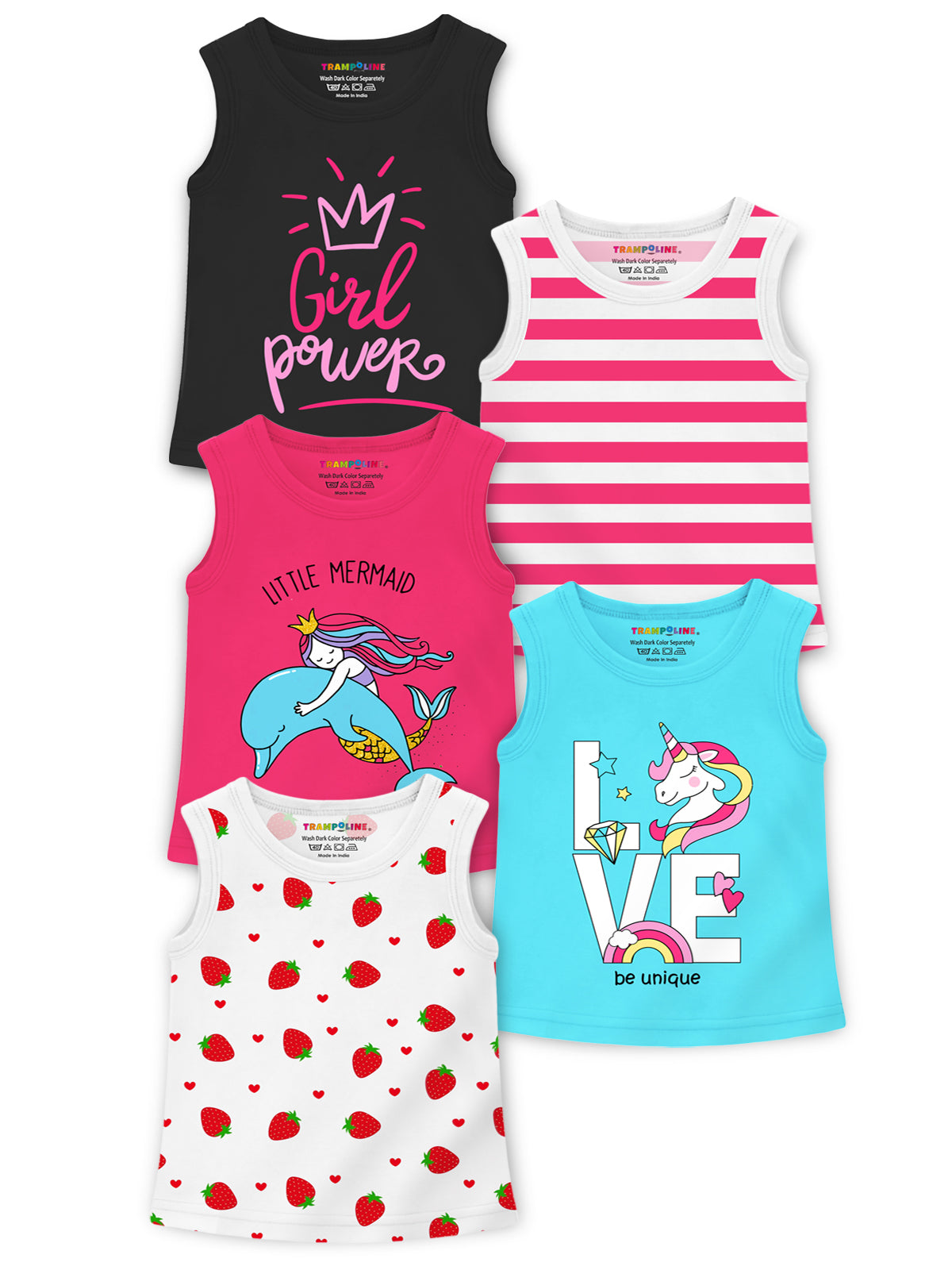 Trampoline Cotton Blend Pack Of 5 Sleeveless Love & Girl Power Printed T-Shirts- Multi Colour