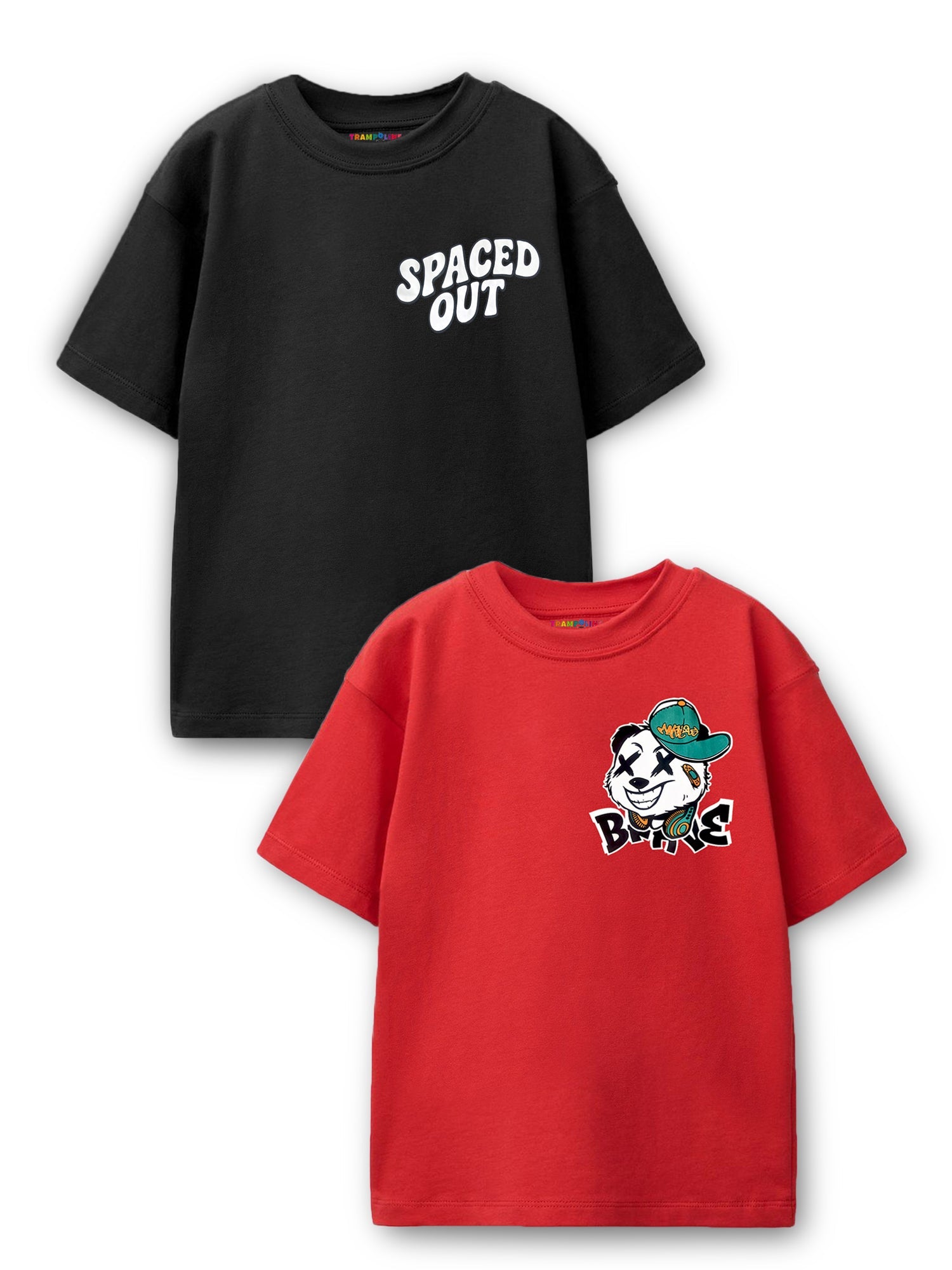 Trampoline Cotton Knit Pack Of 2 Half Sleeves Oversized T-Shirts With Bold Graphic Prints & Drop Shoulder - Red & Black