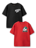 Trampoline Cotton Knit Pack Of 2 Half Sleeves Oversized T-Shirts With Bold Graphic Prints & Drop Shoulder - Red & Black