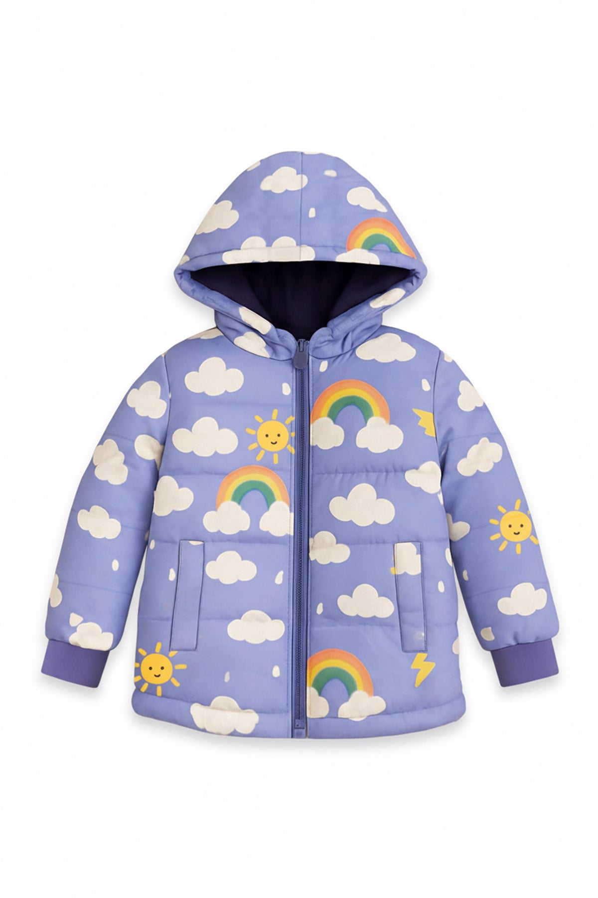 Trampoline Woven Full Sleeves All Over Rainbow & Cloud Printed Puffer Winter Jacket With 2 Front Pockets - Multi Colour