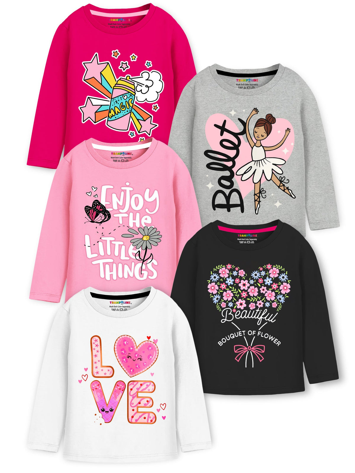 Trampoline Cotton Blend Knit Full Sleeves Love & Butterfly Printed Tees Pack Of 5 - Multi Colour