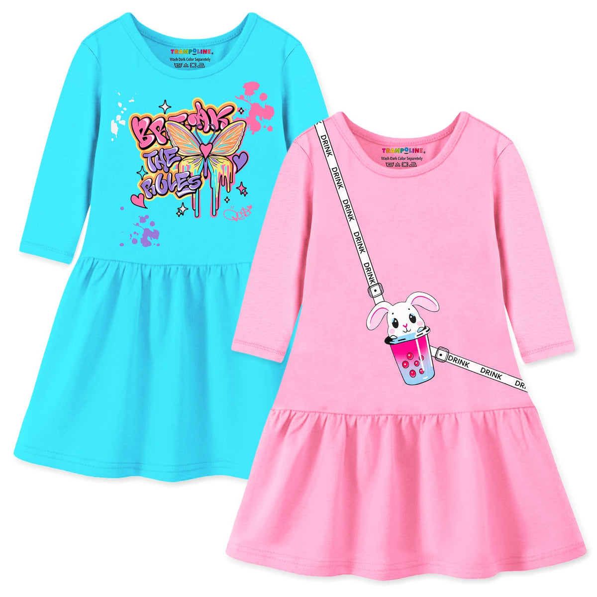 Trampoline Cotton Blend Knit Pack Of 2 Three Fourth Sleeves Butterfly & Flower Printed Dress - Pink & Sky Blue
