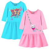 Trampoline Cotton Blend Knit Pack Of 2 Three Fourth Sleeves Butterfly & Flower Printed Dress - Pink & Sky Blue