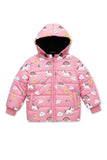 Trampoline Knit Full Sleeves All Over Unicorn Printed Puffer Winter Jacket With 2 Front Pockets - Pink