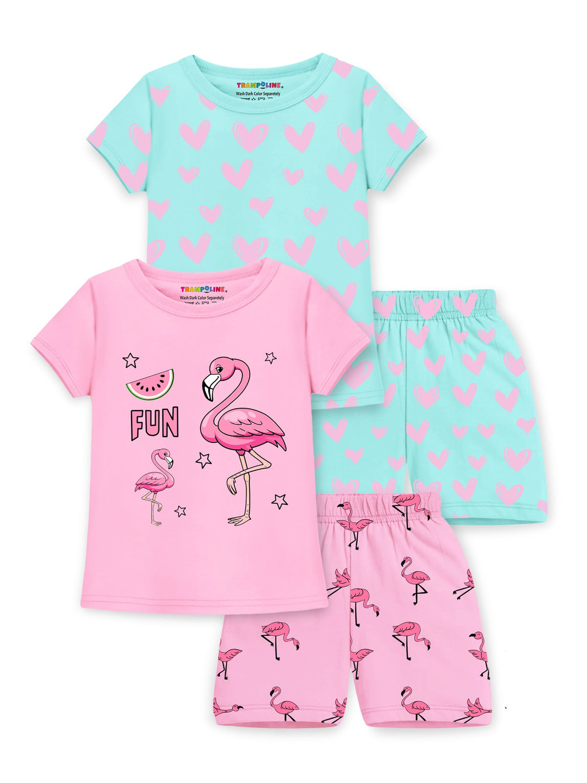 Trampoline Cotton Blend Knit Pack of 2 Half Sleeves Flamingo & Heart Printed T-shirt & Shorts Set - Multi Color