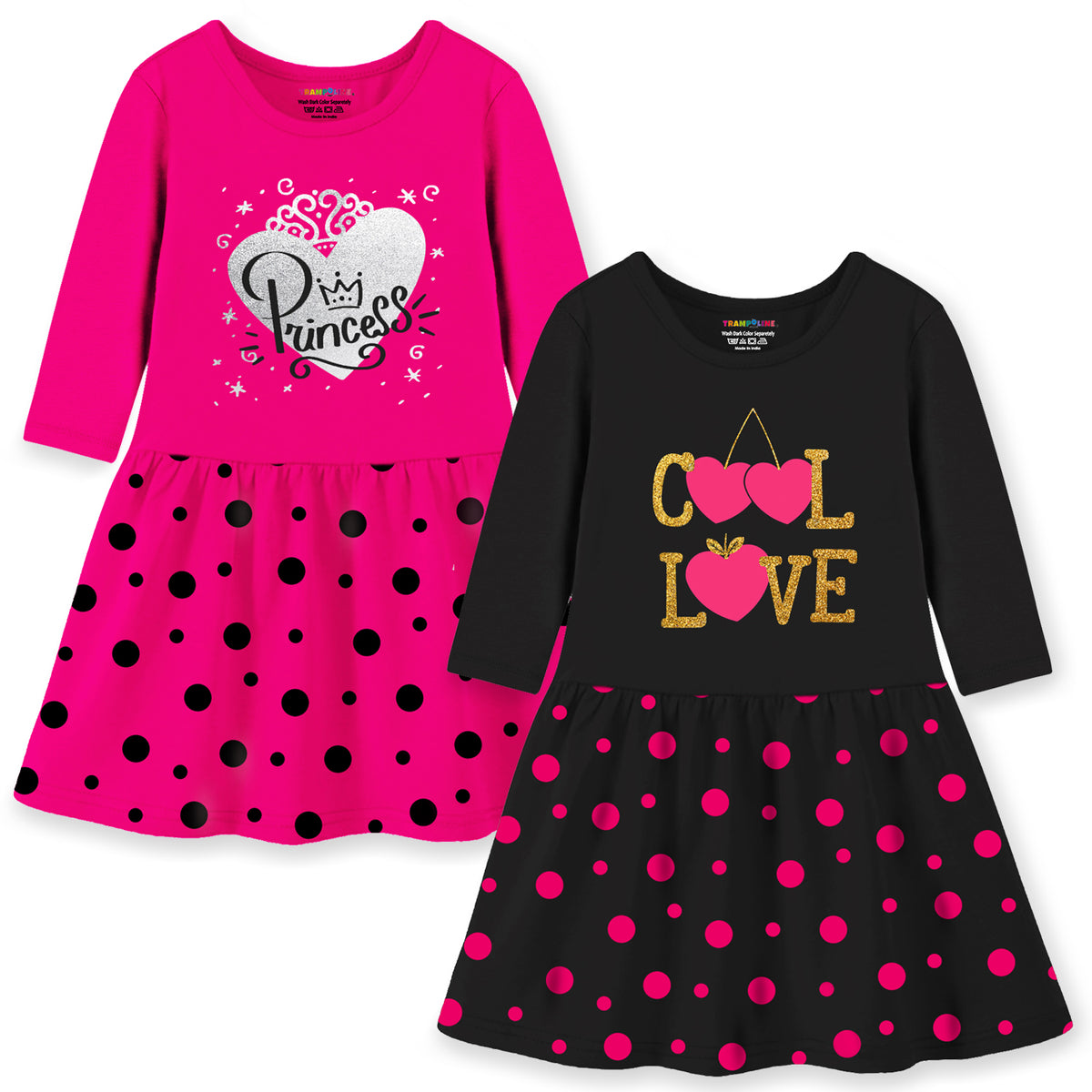 Trampoline Girls Midi Dress Combo | 3/4 Sleeve Cotton Dresses for Kids with Bright Prints | Everyday Comfort Meets Playful Style | Pack of 2