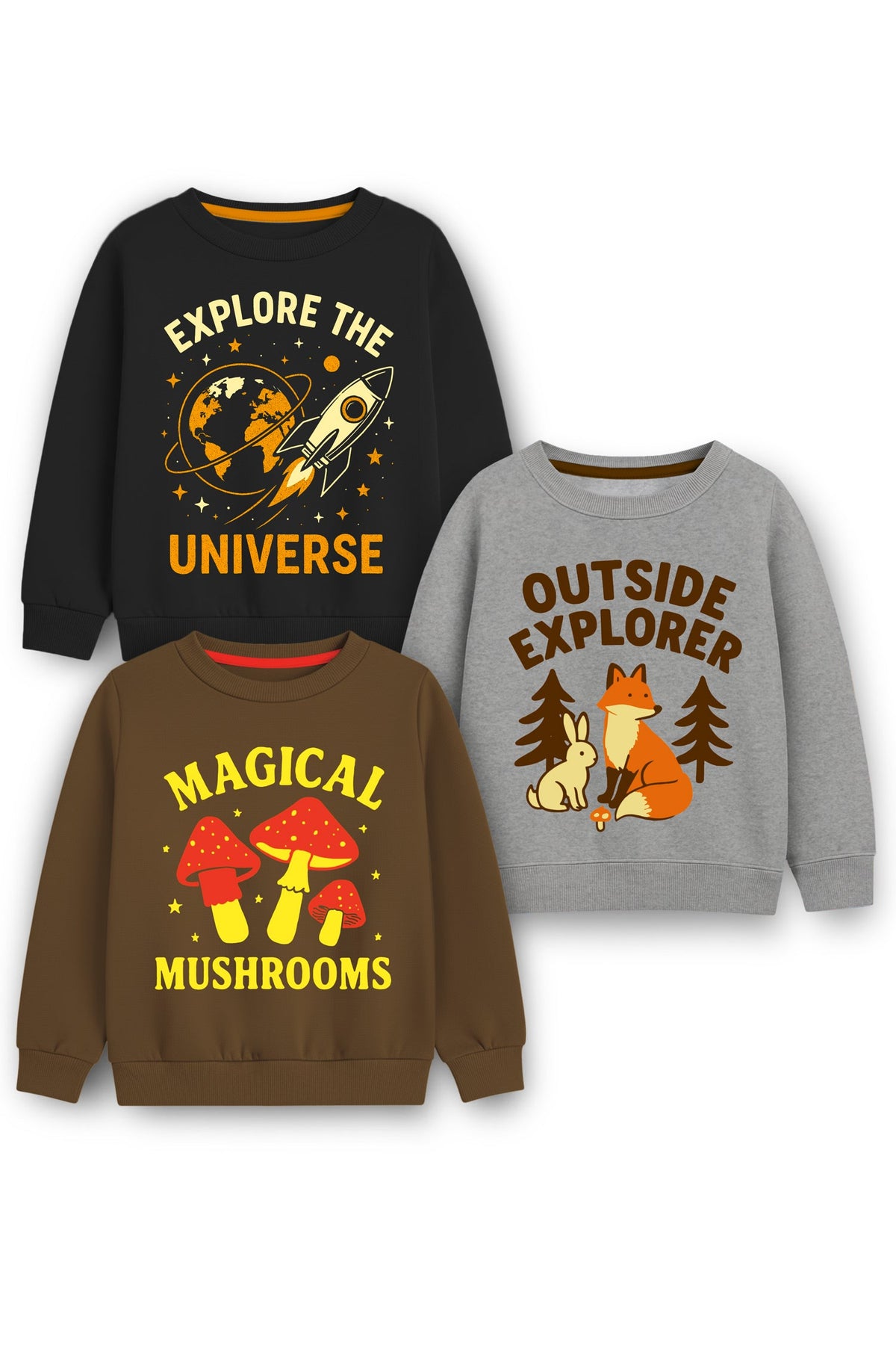 Trampoline Fleece Knit Pack Of 3 Full Sleeves Space Theme Printed Winter Sweatshirt - Multi Colour