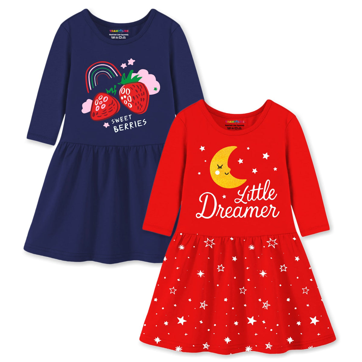 Trampoline Cotton Blend Knit Pack Of 2 Three Fourth Sleeves Princess & Strawberry Printed Dress - Red & Blue