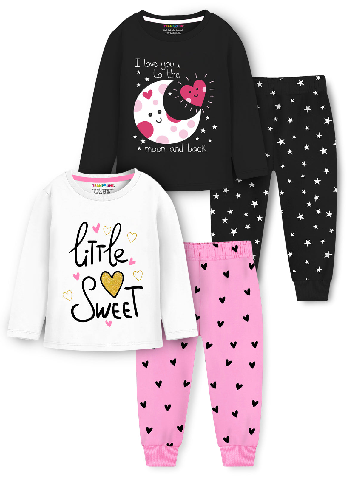 Trampoline Cotton Blend Knit Pack Of 2 Full Sleeves Little Sweet Text & Moon Printed Night Suits Set - Pink & Black