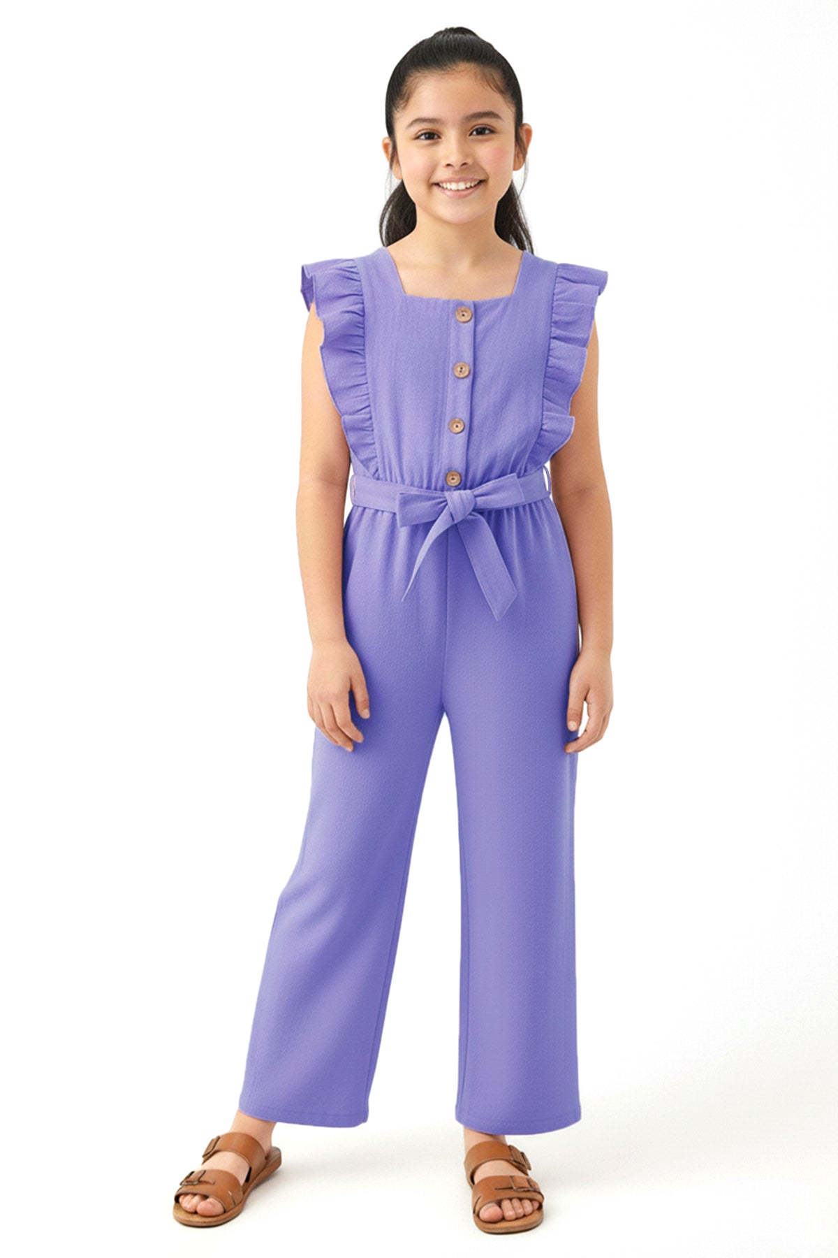 Trampoline Girls Lavender Cotton Slub Ruffle Sleeve Jumpsuit with Belt & Square Neck