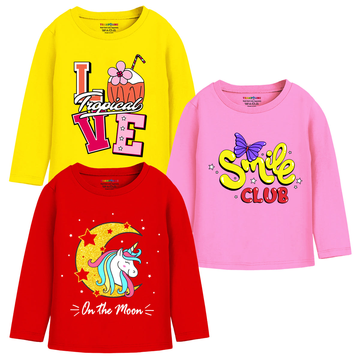 Trampoline Girls Full Sleeves Regular Fit T-Shirt (Pack of 3)