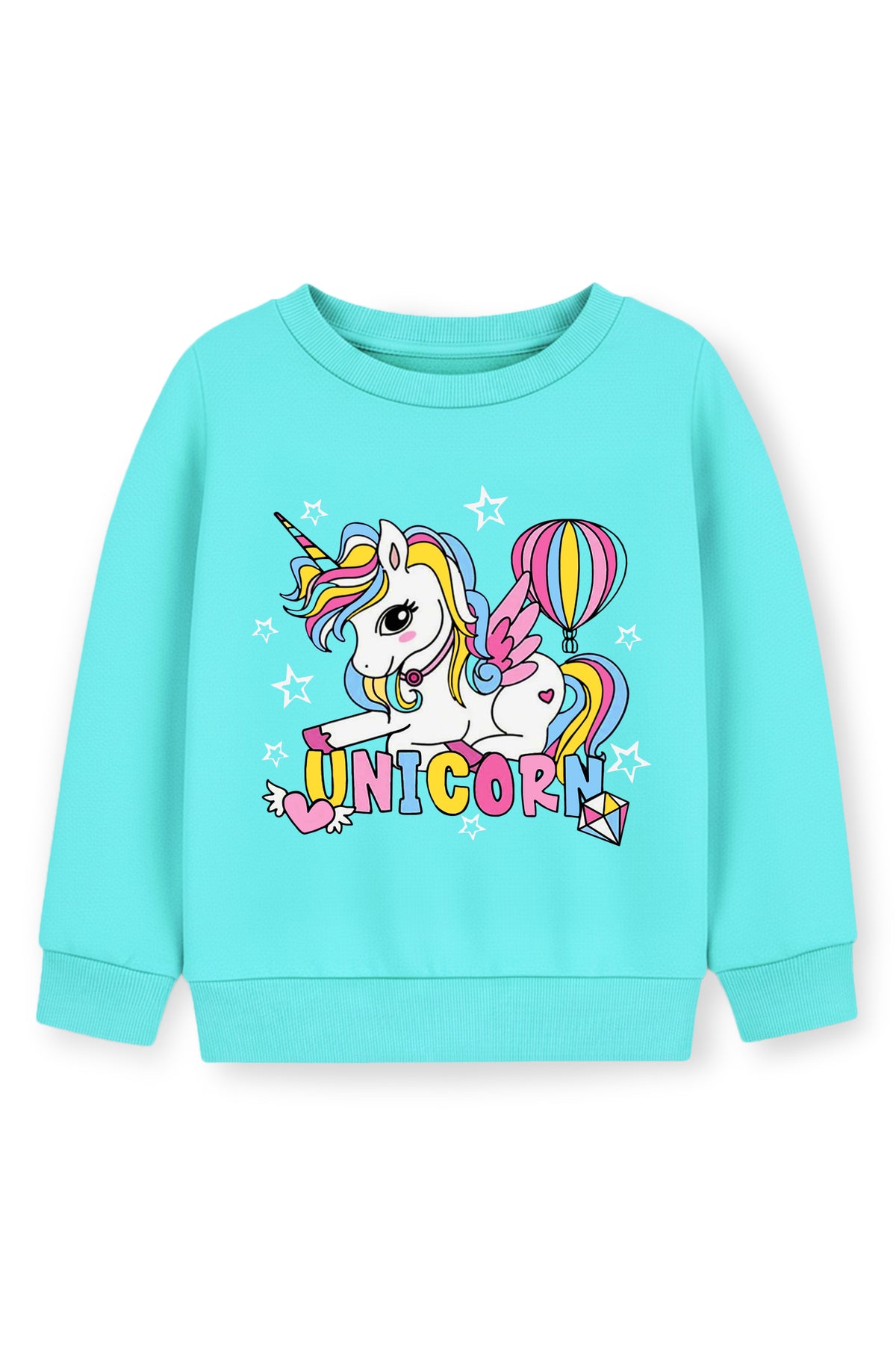 Trampoline Fleece Knit Full Sleeves Unicorn Printed Winter Sweatshirt - Sea Green