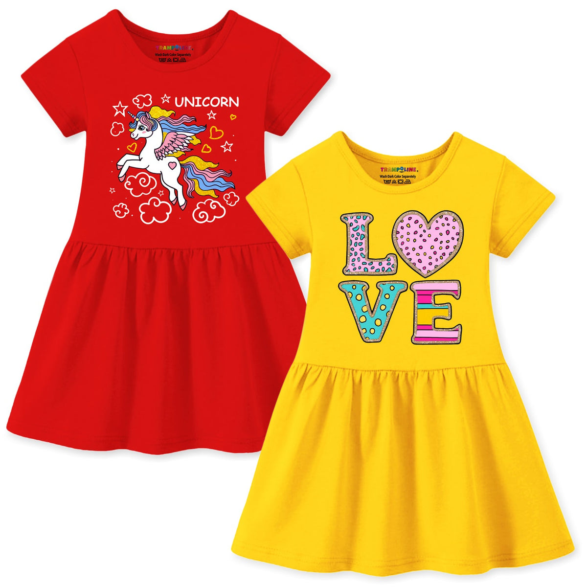 Trampoline Cotton Blend Pack Of 2 Half Sleeves Unicorn and LOVE Graphic Printed Dress - Red & Yellow
