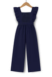 Trampoline Girls Navy Blue Cotton Slub Ruffle Sleeve Jumpsuit with Belt & Square Neck