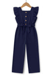 Trampoline Girls Navy Blue Cotton Slub Ruffle Sleeve Jumpsuit with Belt & Square Neck