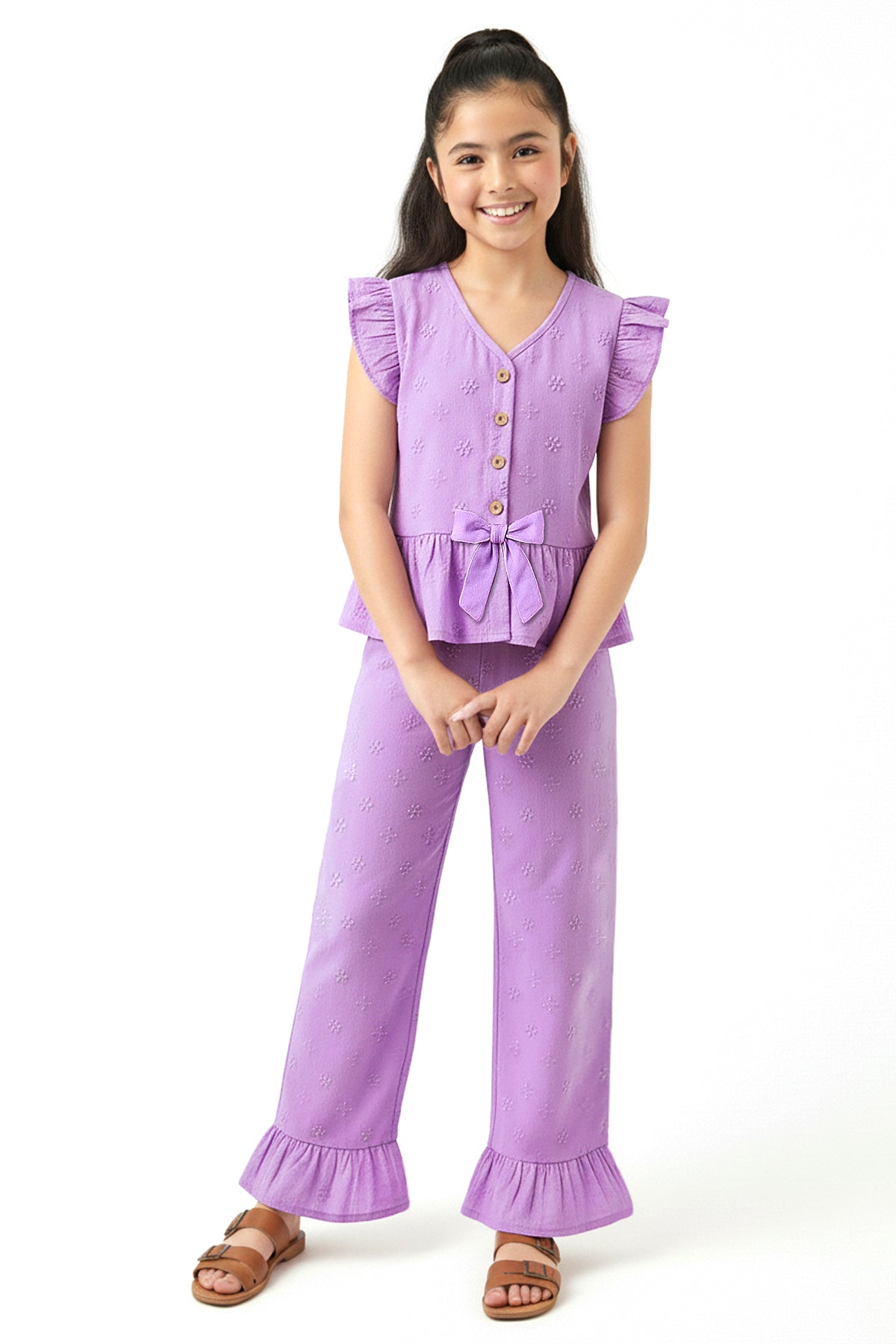 Trampoline Cotton Knit Sleeveless Schiffli Crop Top With Trousers Set - Purple