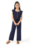 Trampoline Girls Navy Blue Cotton Slub Ruffle Sleeve Jumpsuit with Belt & Square Neck