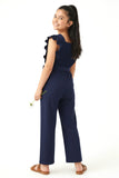 Trampoline Girls Navy Blue Cotton Slub Ruffle Sleeve Jumpsuit with Belt & Square Neck