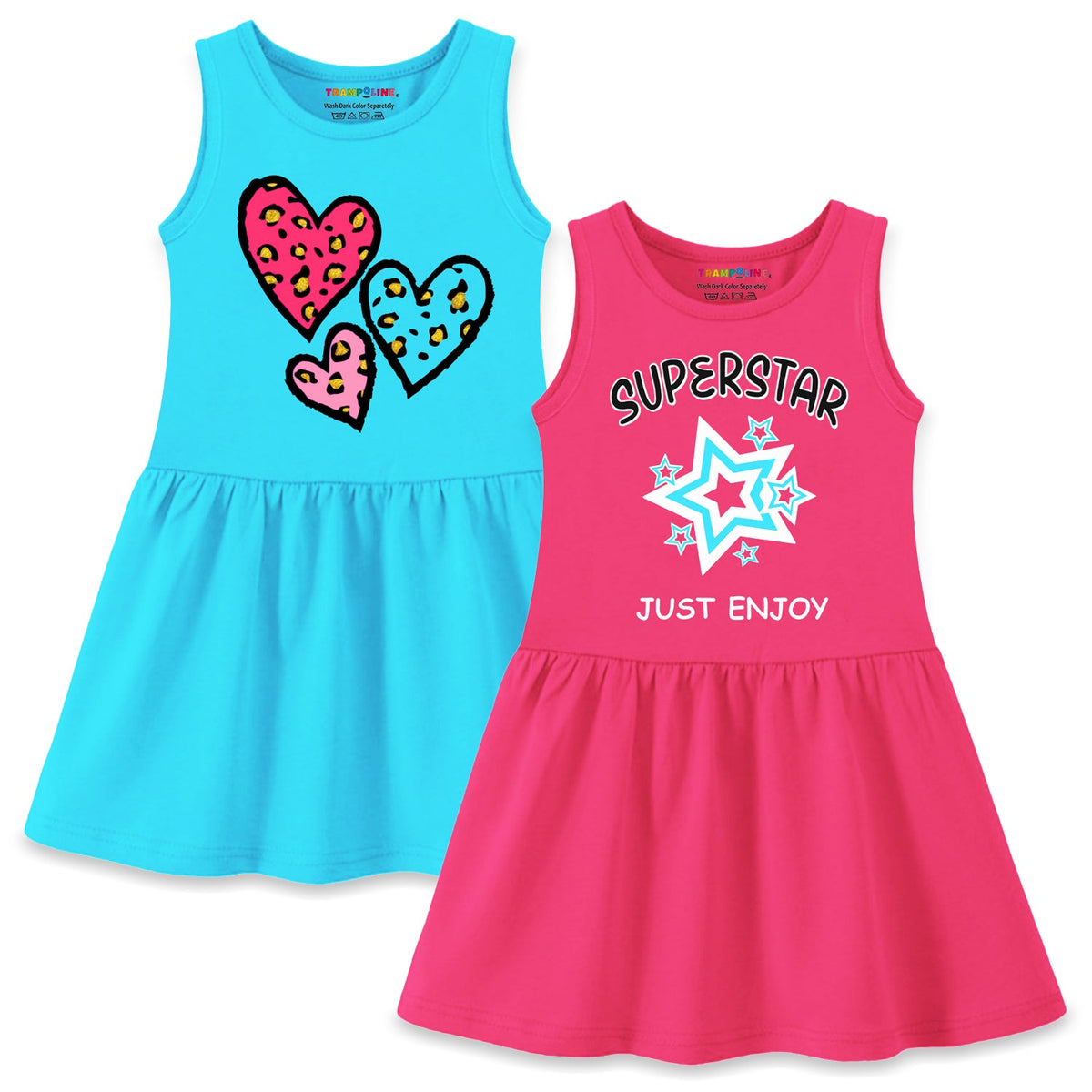 Trampoline Girls Sleeveless Midi Dresses Pack of 2 | Soft Cotton Blend | Colorful & Adorable Prints | Perfect for Playdates, Parties & Everyday Summer Fun
