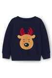 Trampoline Fleece Knit Christmas Theme Sweatshirt With Cute Embroidered Reindeer Patch - Navy Blue