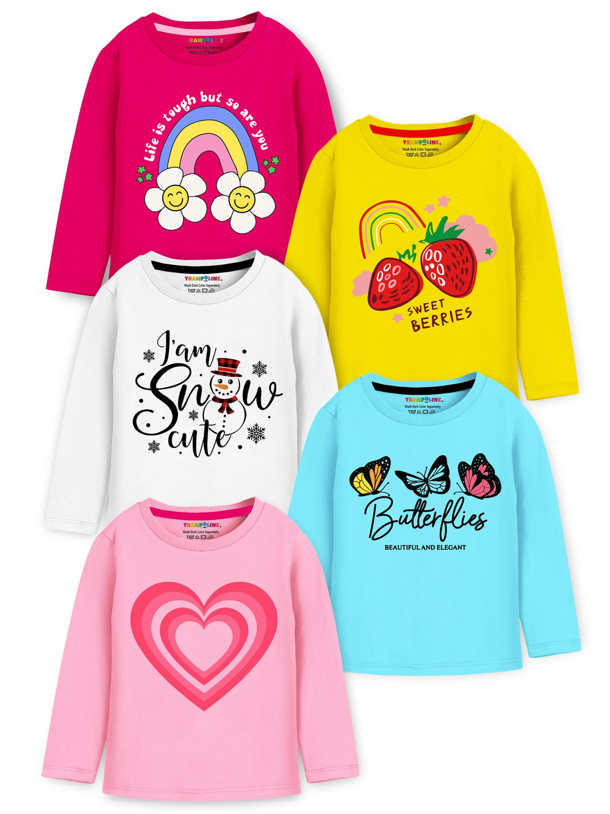 Trampoline Cotton Blend Knit Full Sleeves Heart & Flower Printed Tees Pack Of 5 - Multi Colour
