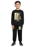 Trampoline Cotton Blend Knit Full Sleeves Panda Printed Tee With Jogger Set - Black
