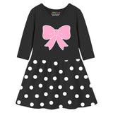 Trampoline Knit Three Fourth Sleeves Princess & Bow Printed Dress - Pink & Black