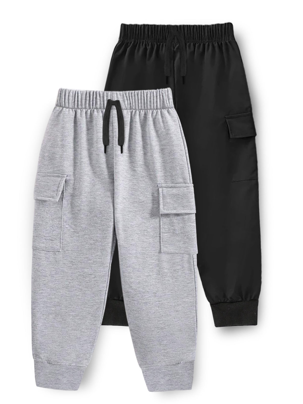 Trampoline Cotton Blend Knit Pack Of 2 Solid Cargo Joggers With Pockets - Blue & Grey