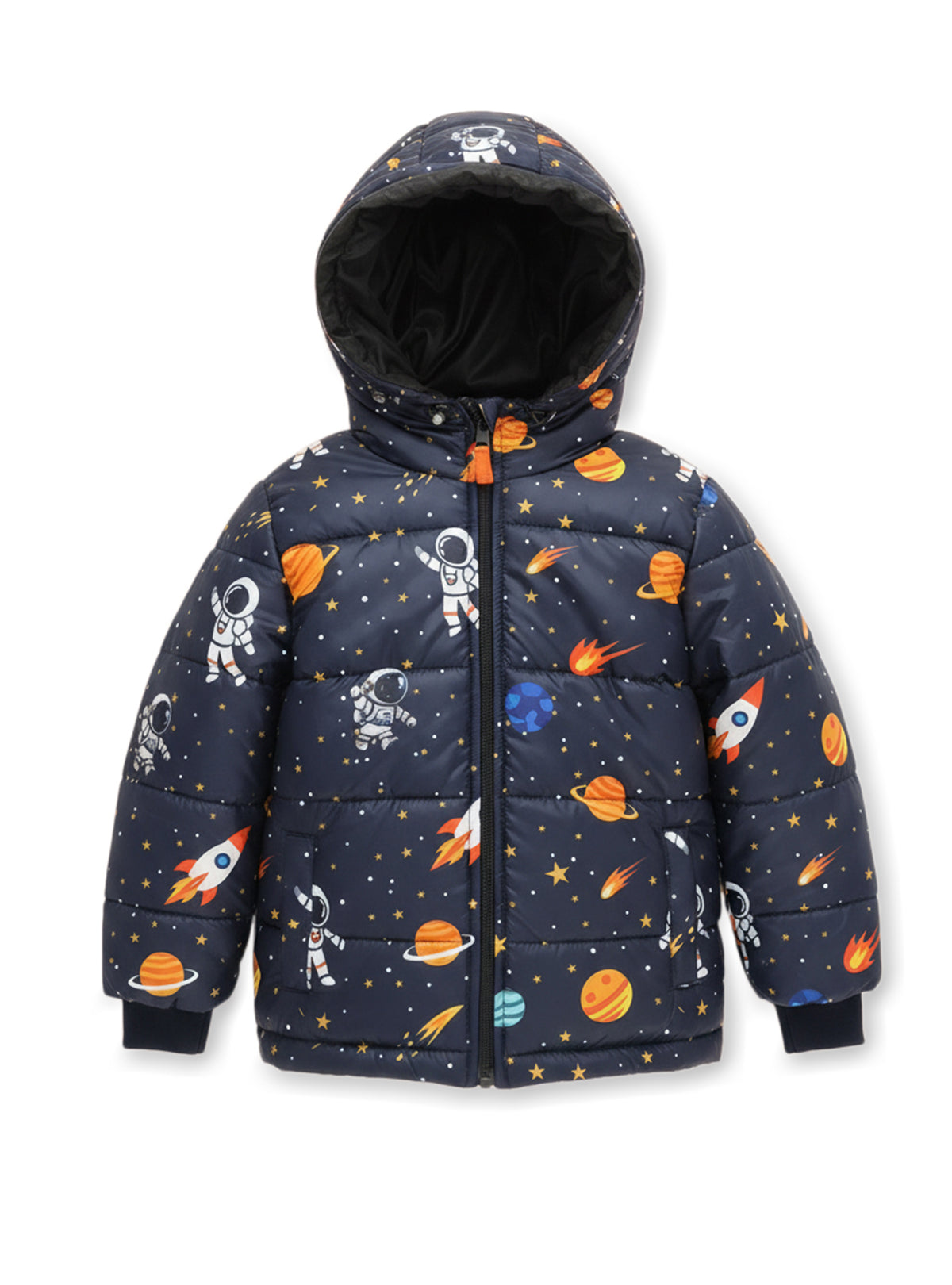 Trampoline Woven Full Sleeves All Over Space Printed Puffer Winter Jacket With 2 Front Pockets - Blue
