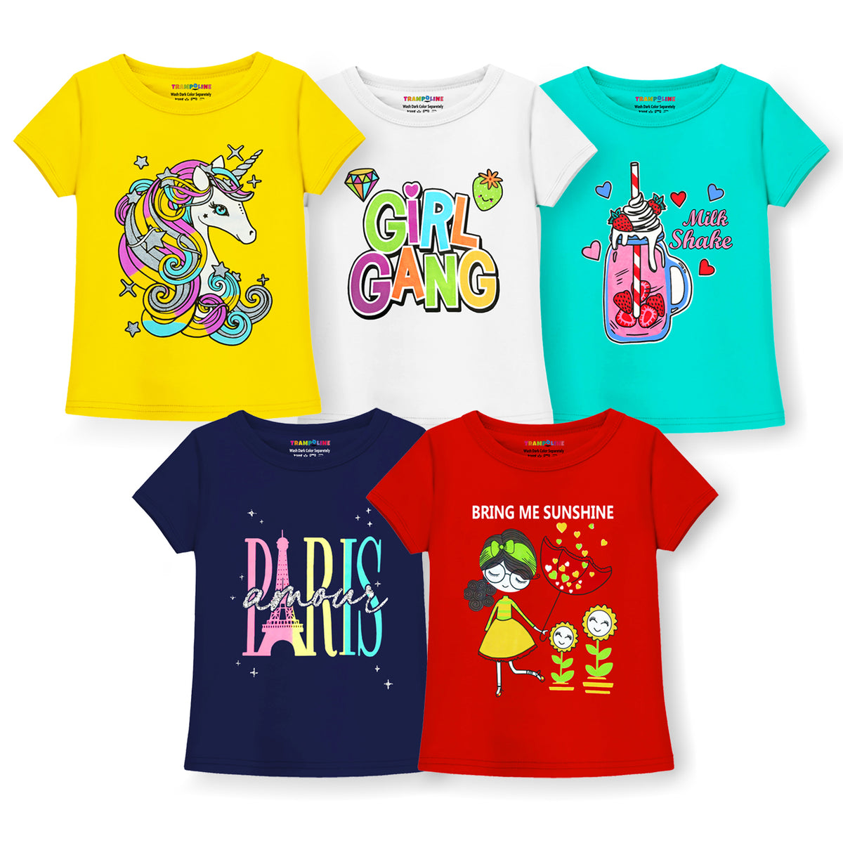 Trampoline Girls Half Sleeves Regular Fit T-Shirt (Pack of 5)